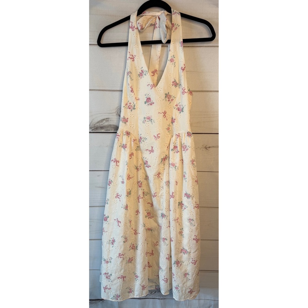Thirty/Three L/A Floral Bow Eyelet Halter Midi Dress Cream Pink Medium 6GVQU941